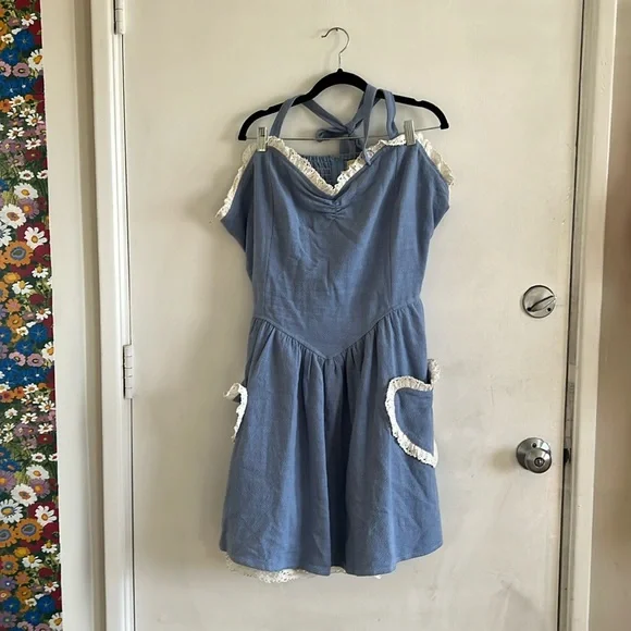 Fashion Brand Company Sweetheart Linen halter Dress Light Blue - Picture 3 of 7